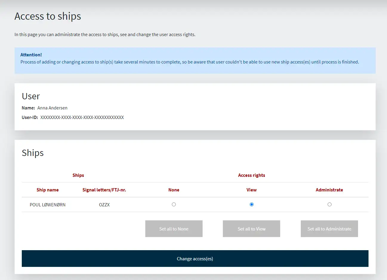 Figure 3: Detailed view over which ships a specific user has access to on Shipowner Self-service
