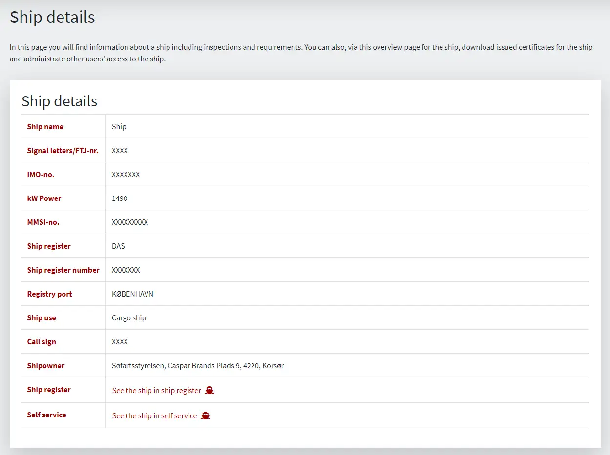 Figure 6: Detailed view for ship on Shipowner Self-service