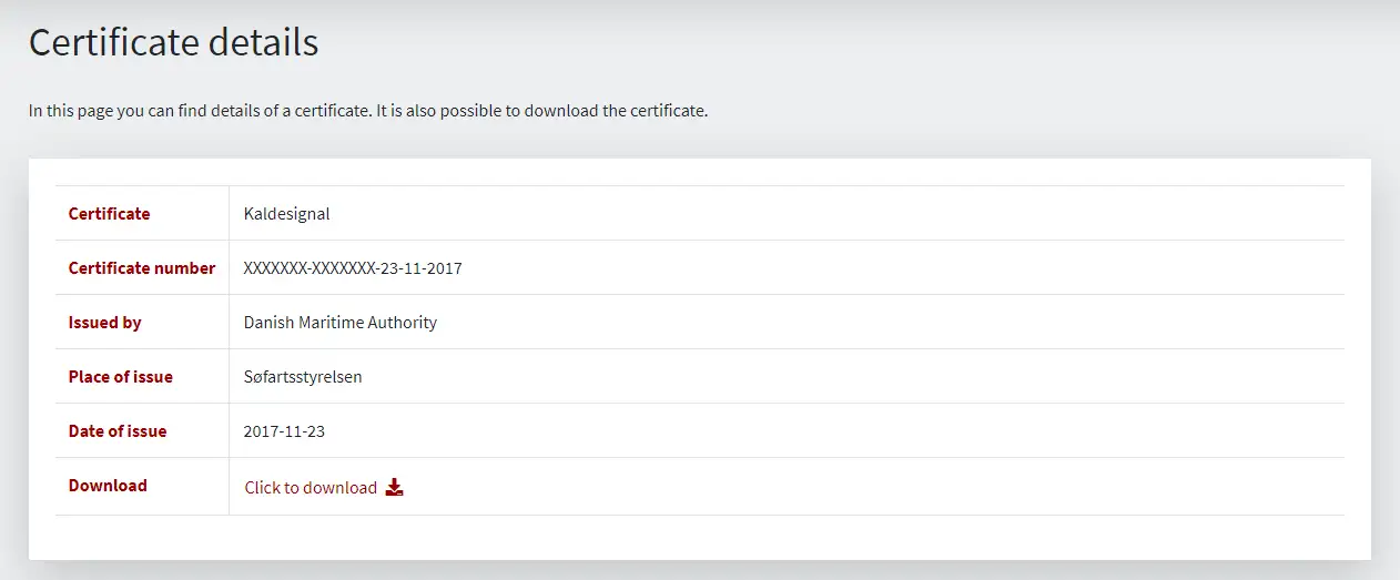 Figure 10: Detailed view for certificate on Shipowner Self-service