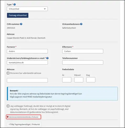 Oprettelse af fuldmagt: Slet tegningsberettiget / Prokurist