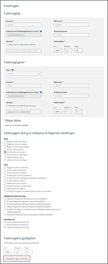 Detaljevisning for indg&aring;et fuldmagt