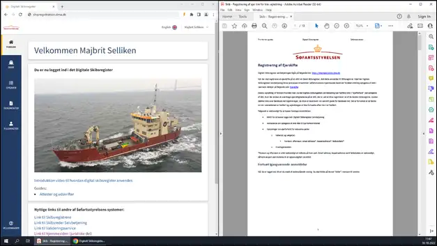 Digitalt Skibsregister og en vejledning side om side p&aring; samme sk&aelig;rm