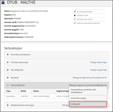 Detaljevisning for et registreret skib