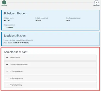 Trin 2: Registrering: Accordions der opsummerer de indtastede oplysninger