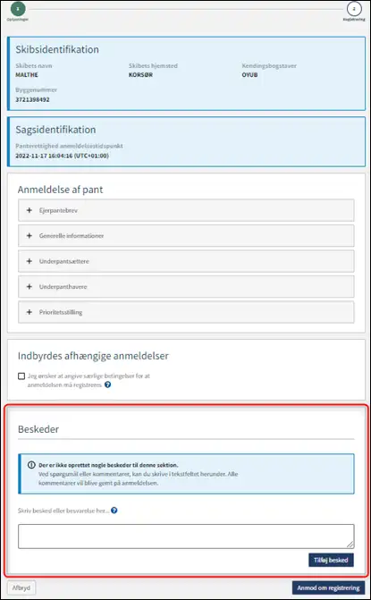 Trin 2: Registrering: Besked(er) til S&oslash;fartsstyrelsen