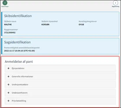 Trin 3: Registrering: Accordions der opsummerer de indtastede oplysninger