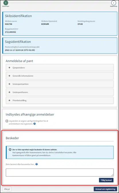 Trin 2: Registrering: Besked(er) til S&oslash;fartsstyrelsen