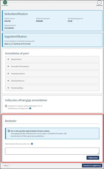 Trin 2: Registrering: Besked(er) til S&oslash;fartsstyrelsen